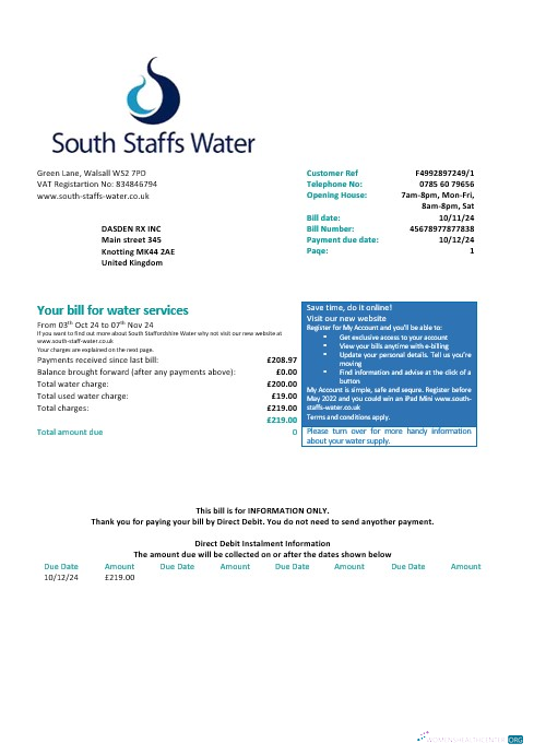 United Kingdom South Staffs Water water business utility bill Word and PDF formats, version 2